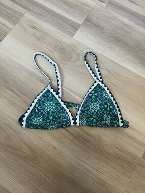 Green Floral Triangle Bikini Top with White Trim